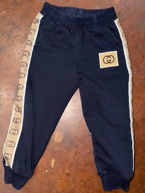 Gucci Navy Joggers with Tan Logo Tape